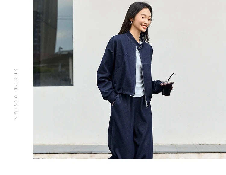 VIMLY 2 Piece Pant Set Woman Casual Outfits Women's Pant Suit 2025 Blue Stand-up Collar Jacket and Trouser Female Clothing A0119