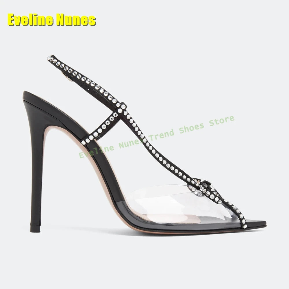 Bowknot Rhinestone Transparent Pvc Sandals Peep Toe Stiletto Side Air Patchwork Sexy Slingback High Heels Party 2025 Summer Shoe