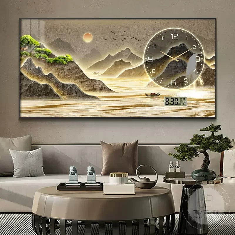 New Home Decor Wall Clock Living Room Decoration Landscape Painting Perpetual Calendar Timepiece Wall Decoration