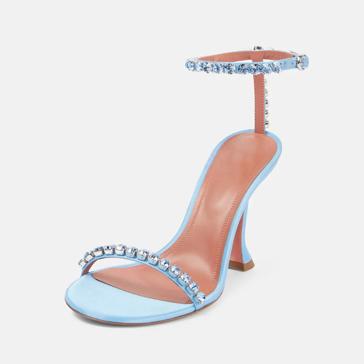 Arden Furtado 2025 Summer Blue Satin Ankle Strap Banquet Shoes Round Toe Super high heel Crystal word-cingulate sandals