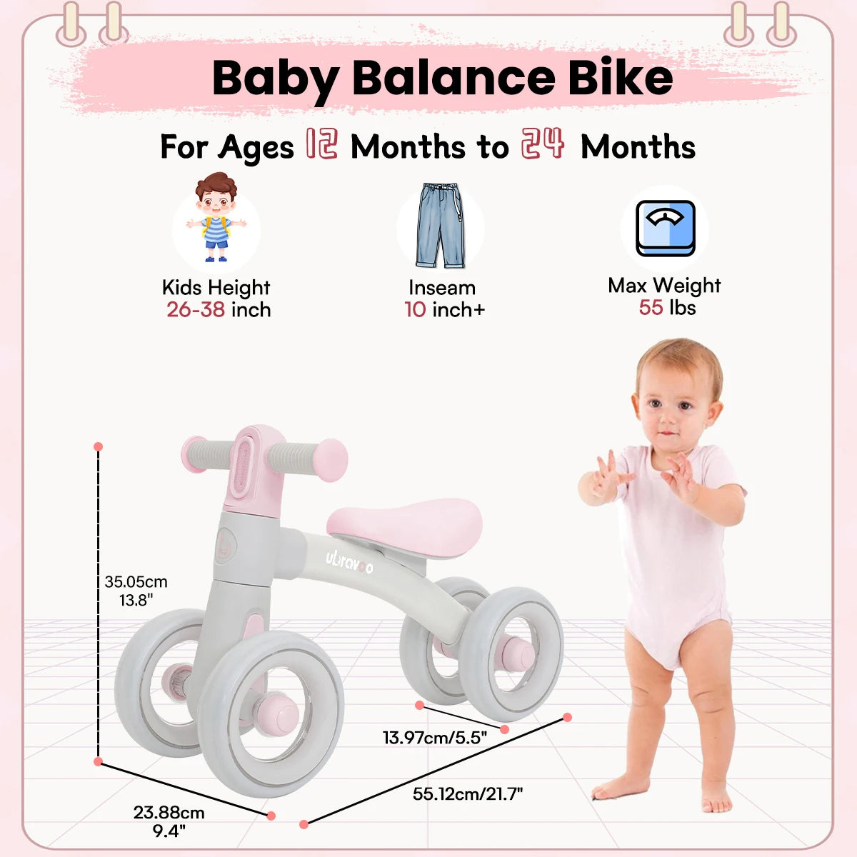 Ubravoo Baby Slide Balance Bike for 12-24 Months,3-Mode Headlight & 4 Transparent Silence Wheels, Riding on Toys Birthday Gifts