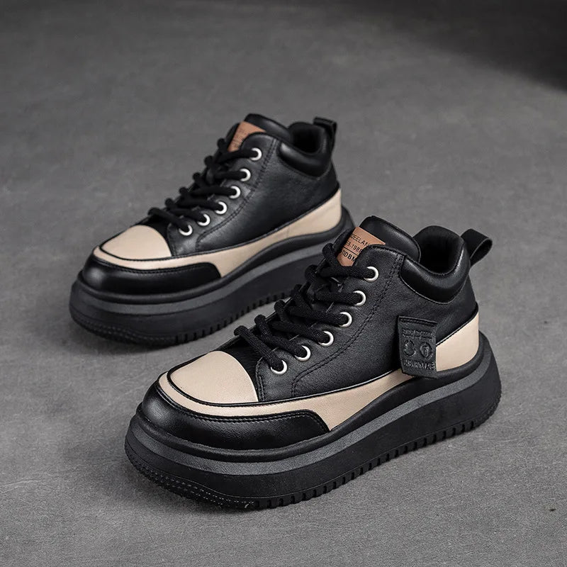 2025 New 4.5cm Genuine Leather Women's Retro Flat Sneakers Autumn Fashion Platform Shoes Ladies Casual Shoes Comfortable Flats