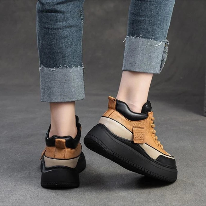 2025 New 4.5cm Genuine Leather Women's Retro Flat Sneakers Autumn Fashion Platform Shoes Ladies Casual Shoes Comfortable Flats