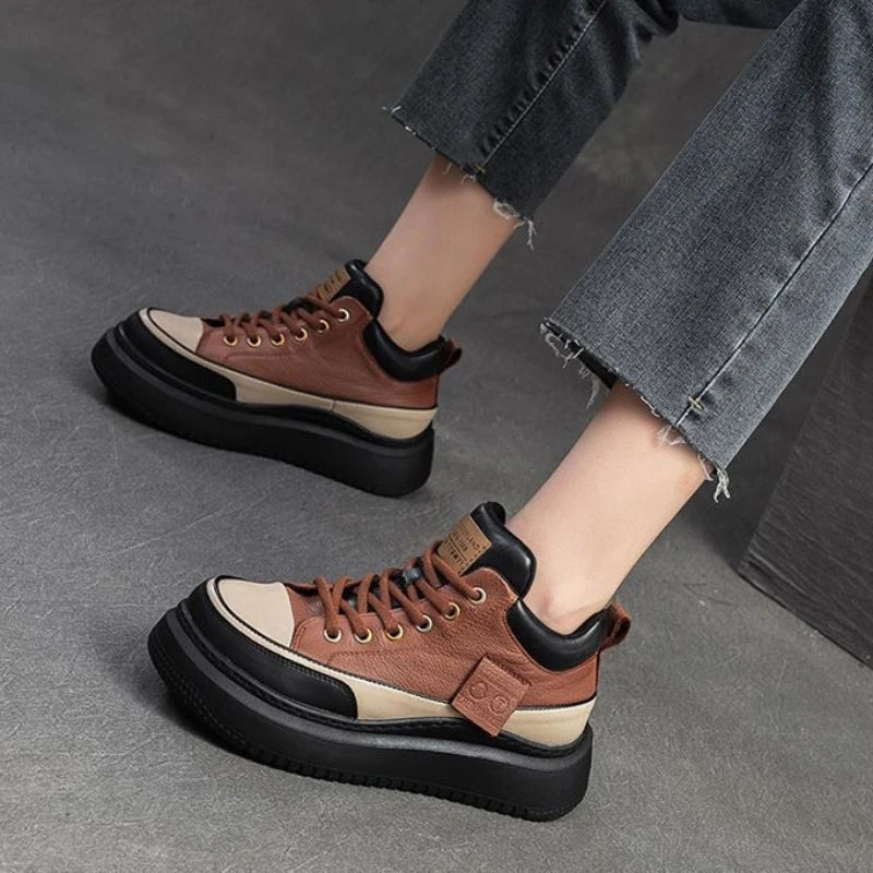 2025 New 4.5cm Genuine Leather Women's Retro Flat Sneakers Autumn Fashion Platform Shoes Ladies Casual Shoes Comfortable Flats