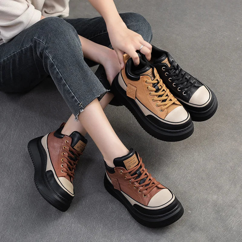2025 New 4.5cm Genuine Leather Women's Retro Flat Sneakers Autumn Fashion Platform Shoes Ladies Casual Shoes Comfortable Flats