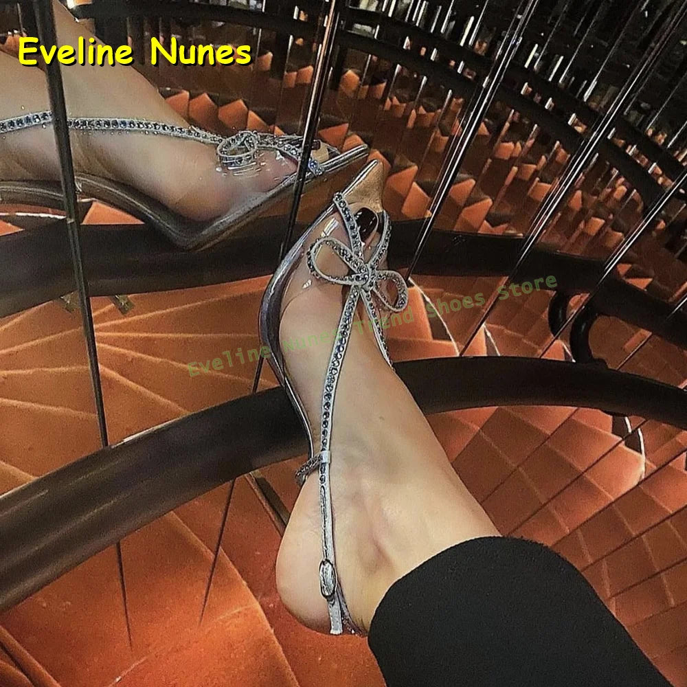 Bowknot Rhinestone Transparent Pvc Sandals Peep Toe Stiletto Side Air Patchwork Sexy Slingback High Heels Party 2025 Summer Shoe