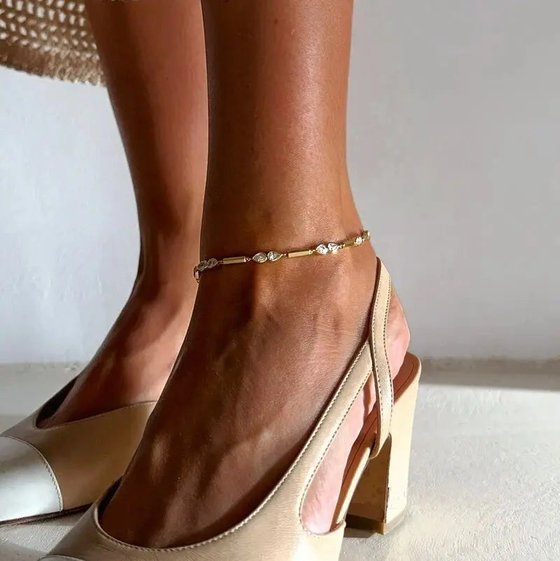 2025 New Arrived Fashion Geometric Bar Tear Drop Cubic Zirconia CZ Link Chain Anklet Women Gold Color Foot Jewelry