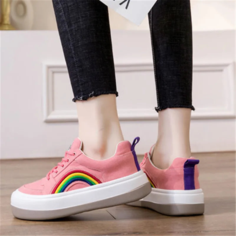 2025 Women's Casual Shoes Rainbow Thick Sole Canvas Shoes Female Student Leisure Fashion Shoes