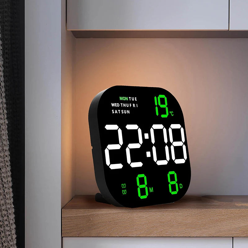 Digital Wall Clock Remote Control Temperature Date Week Display Memory Mode Desktop Clock Dual Alarms LED Clock Room Decor