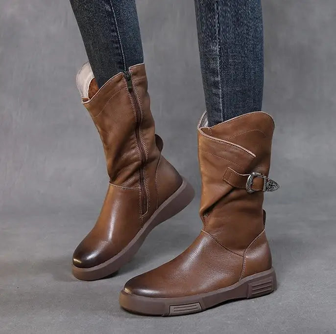 2025 Luxury Design Genuine Cow Leather Mid-Calf Boots Women Flat Side Zipper Round Toe Autumn Winter Warm Knight Boots