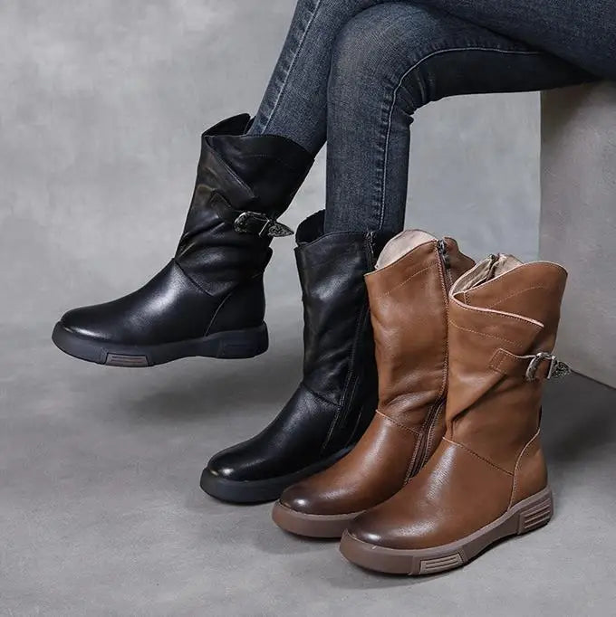 2025 Luxury Design Genuine Cow Leather Mid-Calf Boots Women Flat Side Zipper Round Toe Autumn Winter Warm Knight Boots