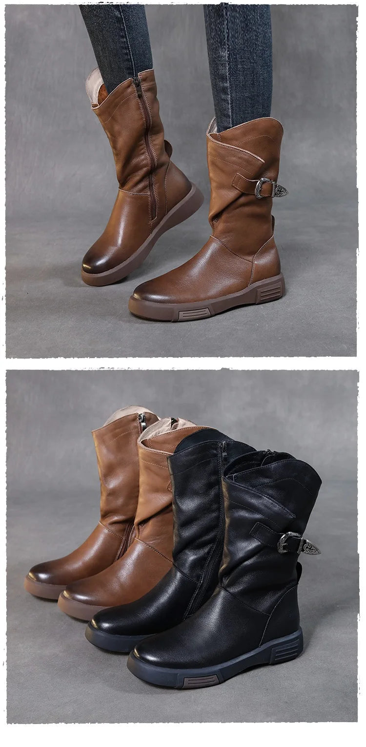 2025 Luxury Design Genuine Cow Leather Mid-Calf Boots Women Flat Side Zipper Round Toe Autumn Winter Warm Knight Boots