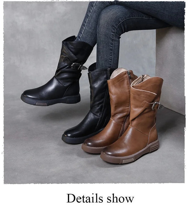 2025 Luxury Design Genuine Cow Leather Mid-Calf Boots Women Flat Side Zipper Round Toe Autumn Winter Warm Knight Boots