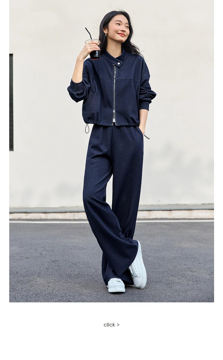 VIMLY 2 Piece Pant Set Woman Casual Outfits Women's Pant Suit 2025 Blue Stand-up Collar Jacket and Trouser Female Clothing A0119