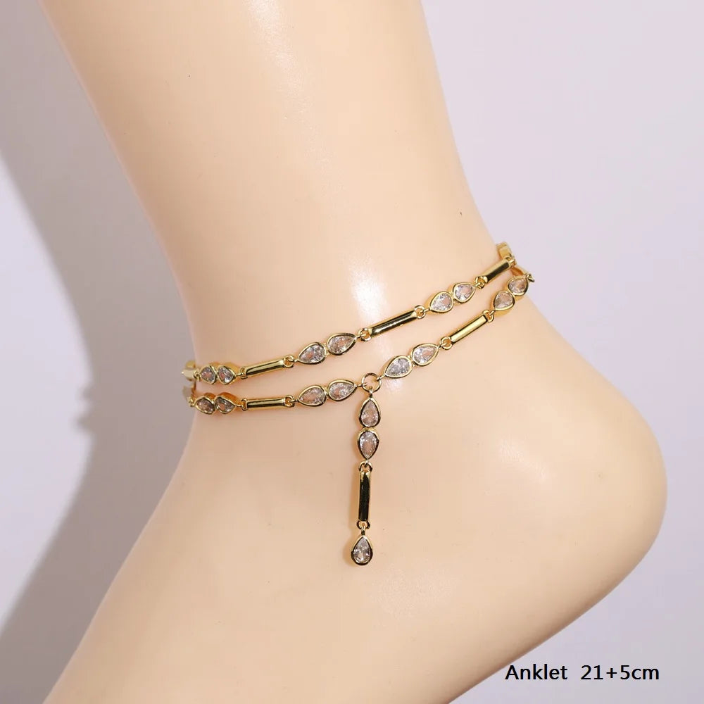 2025 New Arrived Fashion Geometric Bar Tear Drop Cubic Zirconia CZ Link Chain Anklet Women Gold Color Foot Jewelry