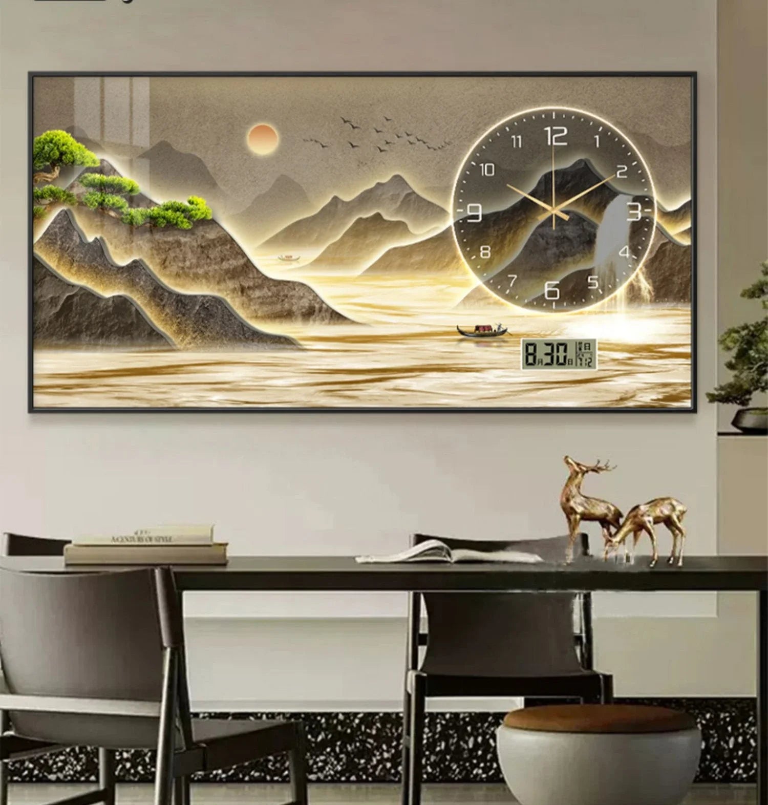 New Home Decor Wall Clock Living Room Decoration Landscape Painting Perpetual Calendar Timepiece Wall Decoration