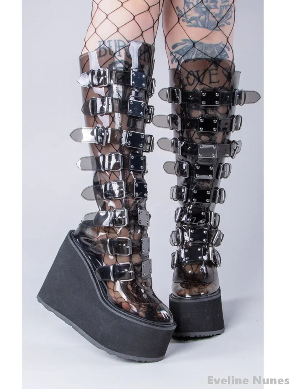 Thick Sole Transparent Pvc Punk Long Boots Women Summer Lolita Belt Buckle Platform Knee High Sandals 2025 New Black/pink Sandal