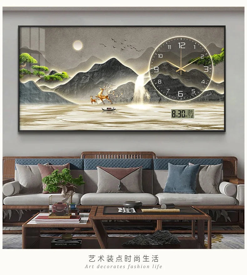 New Home Decor Wall Clock Living Room Decoration Landscape Painting Perpetual Calendar Timepiece Wall Decoration