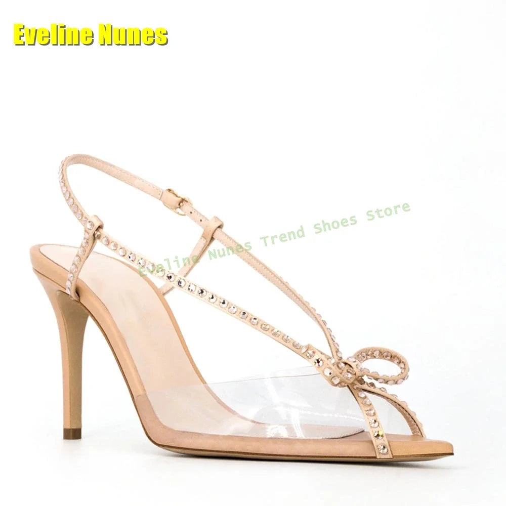 Bowknot Rhinestone Transparent Pvc Sandals Peep Toe Stiletto Side Air Patchwork Sexy Slingback High Heels Party 2025 Summer Shoe