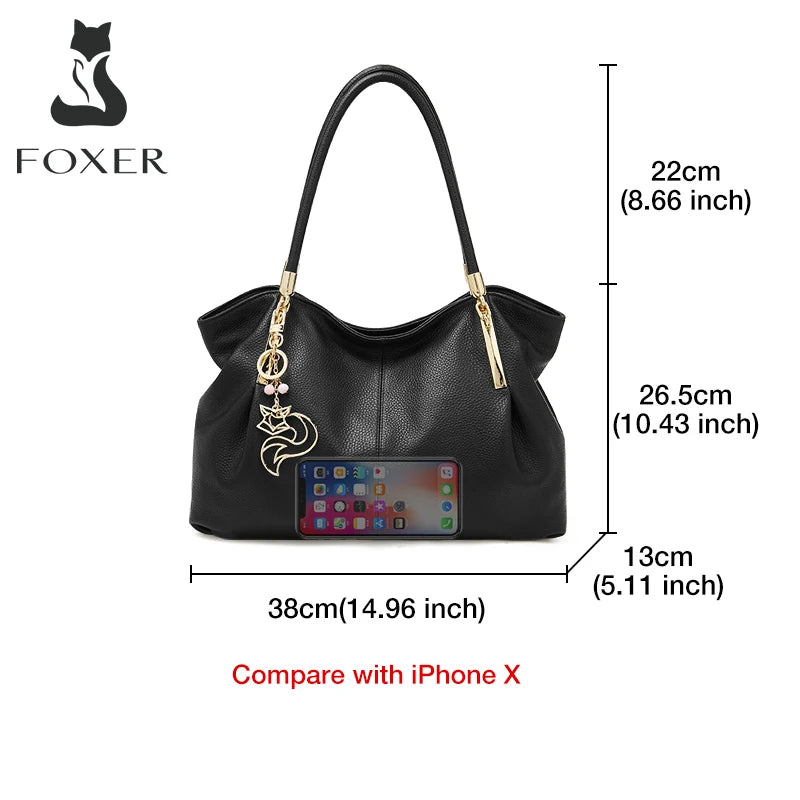 FOXER 2025 New Women's Shoulder Bag Genuine Leather Elegant Female Tote Large Bag Fashion Handbag Commuter Luxury Gift