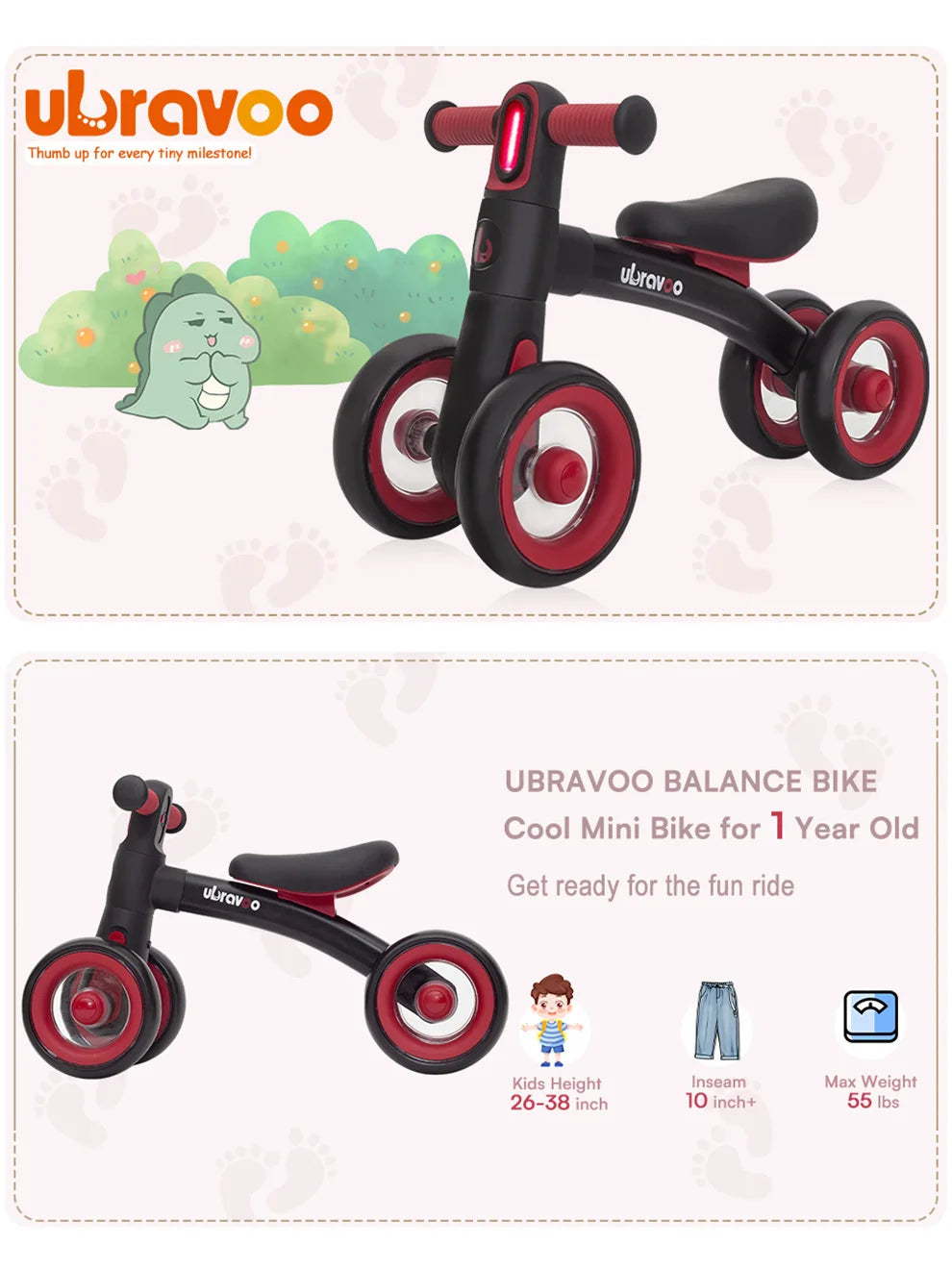 Ubravoo Baby Slide Balance Bike for 12-24 Months,3-Mode Headlight & 4 Transparent Silence Wheels, Riding on Toys Birthday Gifts