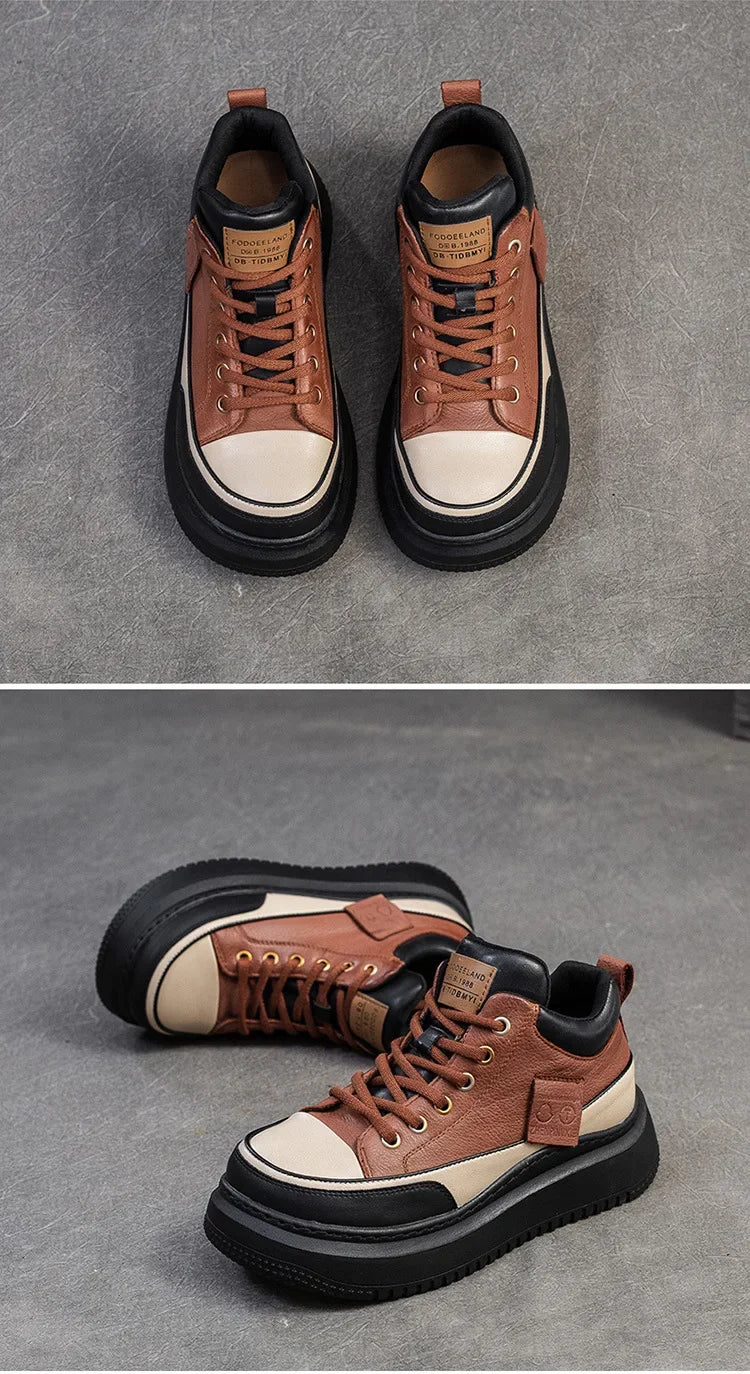 2025 New 4.5cm Genuine Leather Women's Retro Flat Sneakers Autumn Fashion Platform Shoes Ladies Casual Shoes Comfortable Flats