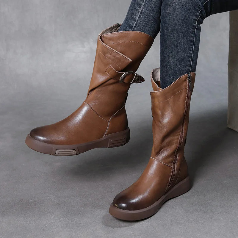2025 Luxury Design Genuine Cow Leather Mid-Calf Boots Women Flat Side Zipper Round Toe Autumn Winter Warm Knight Boots