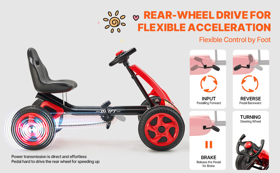 SucceBuy 66lbs Kids Pedal Go Kart 4 Wheel Off-Road Pedal Ride On Toys with Adjustable Seat Outdoor Racer Pedal Car for Boys