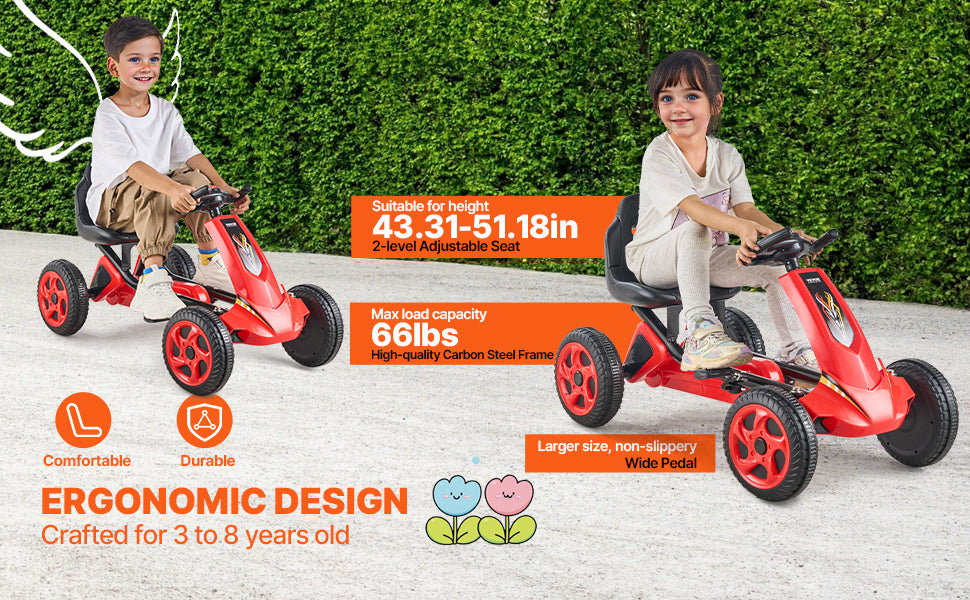 SucceBuy 66lbs Kids Pedal Go Kart 4 Wheel Off-Road Pedal Ride On Toys with Adjustable Seat Outdoor Racer Pedal Car for Boys